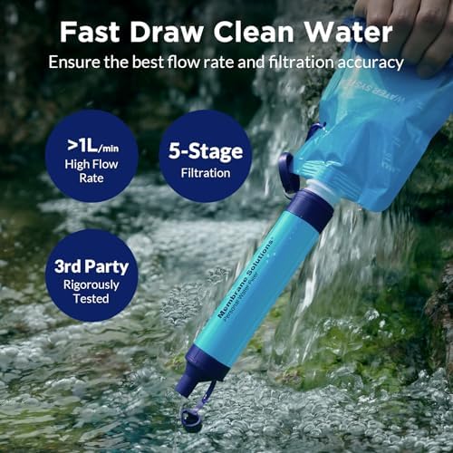 Membrane Solutions Squeezable Water Filtration System, Survival Water Purifier Kit, Portable Backpacking Gear Including Water Filter Straw and 23oz Collapsible Bottle for Hiking Camping Travel(7+2)