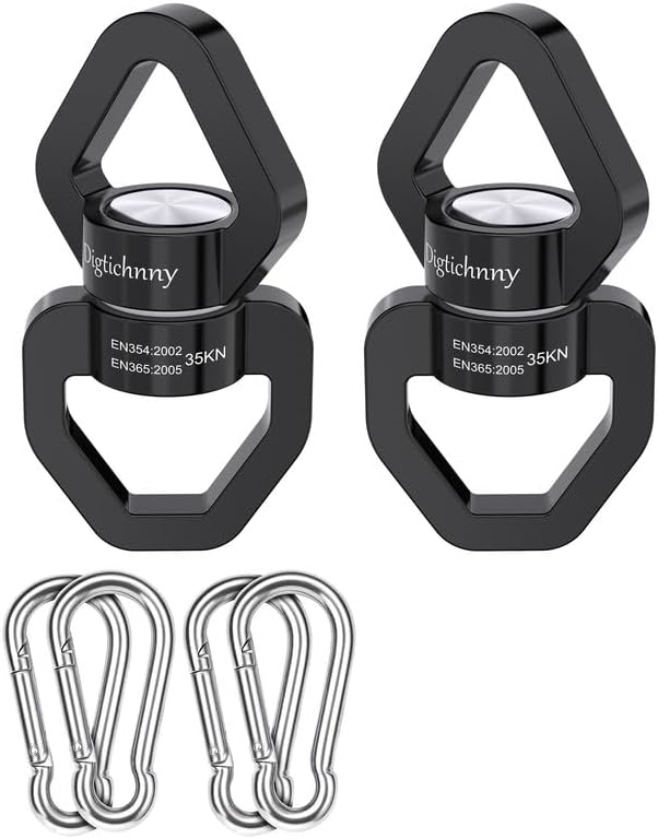 2 Pack Swing Swivel Hook, 35KN Aluminium Alloy Swing Swivel Heavy Duty, Swing Spinner For Children's Swing,Aerial Yoga,Web Tree Swing,Hanging Hammock Indoor Outdoor(Black with 4 Carabiners)