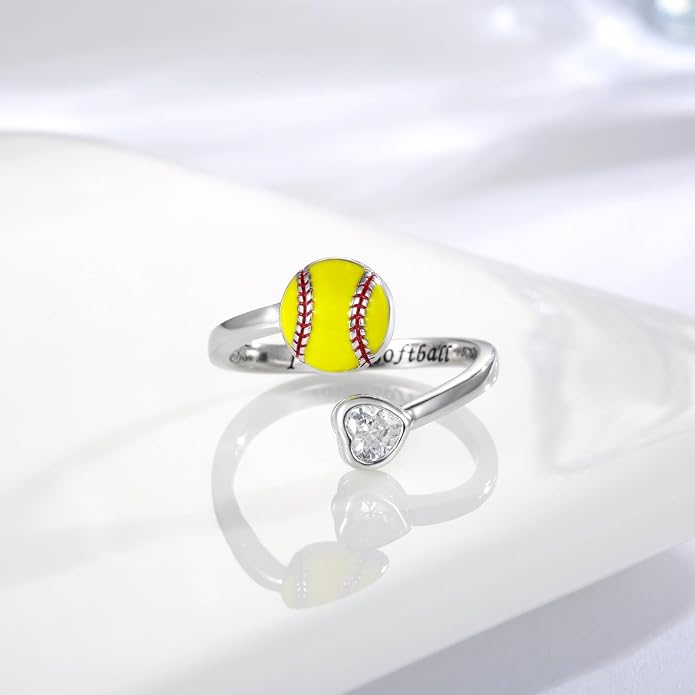 925 Sterling Silver Basketball Softball Baseball Football Tennis Racket Ring Adjustable Sports Jewelry Gifts for Women Player Mom