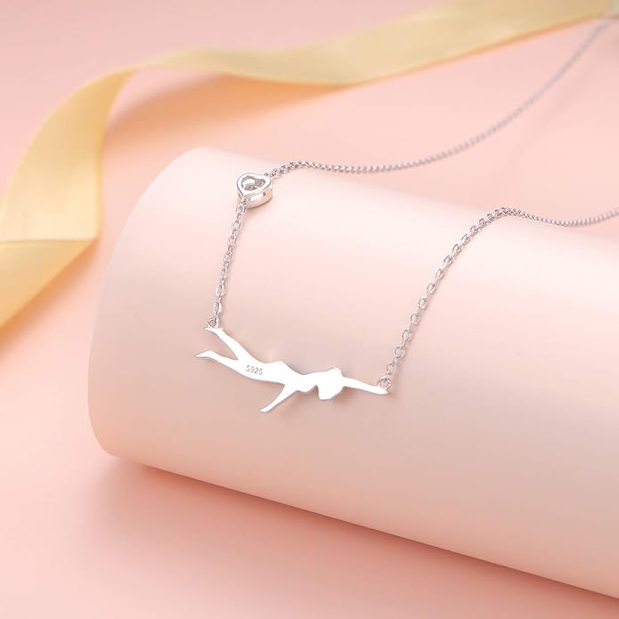 925 Sterling Silver Heart CZ Cute Swimming Girl Pendant Necklace for Women Teen Swimmer Coach Gift