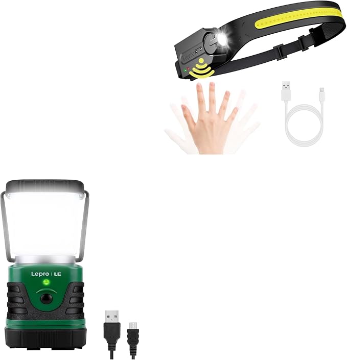 Lepro Bundle - 1000LM LED Camping Lantern Rechargeable, 4400mAh Power Bank & PR320019 Super Bright Head lamp with Motion Sensor, 230° Wide Beam & Adjustable