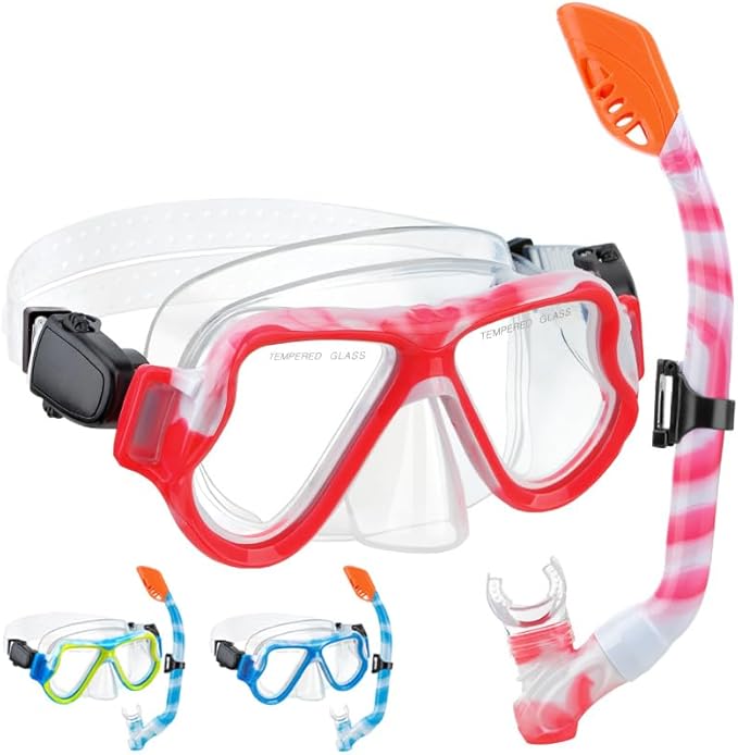 Snorkeling Gear for Kids, 4 in 1 Child Mask Fins Snorkel Set with Panoramic View Anti Fog Mask, Dry Top Snorkel, Trek Fins and Travel Bag, Kids Snorkeling Set with Fins for Snorkeling Swimming