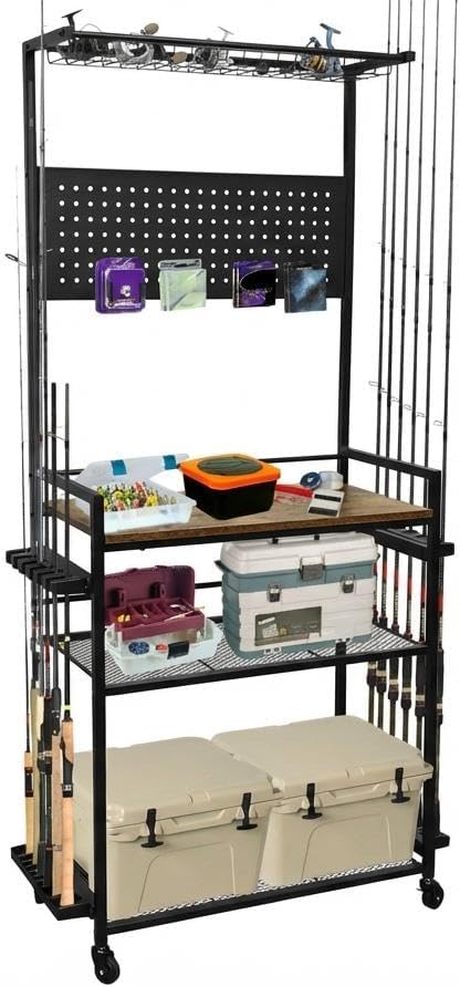 Fishing Rod Holders for Garage, Fishing Pole Holders Up to 12 Rods with Pegboard and Hooks, Rolling Fishing Cart with Wheels, Fishing Gear Storage For Tackle Box & Reel Organization