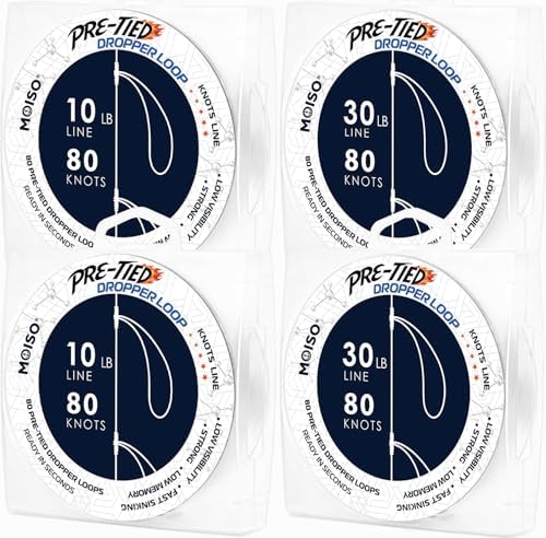 MOISO 10lb (x 2) & 30lb (x 2) Bundle - Pre-Tied Dropper Loop Rigs - 10 lb & 40 lb Bundle Pack. Tested Fishing Line Spool - 80 Loops 16 Inches Apart with 5.5 Inch