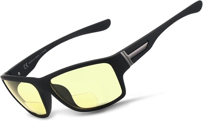 SKYOAK Upgraded Premium Ultralight Bifocal Night Vision Reading Glasses Men, TR90 Frame Wrap Around Design Nighttime Driving Anti Glare Ideal for Low Light Conditions +3.0