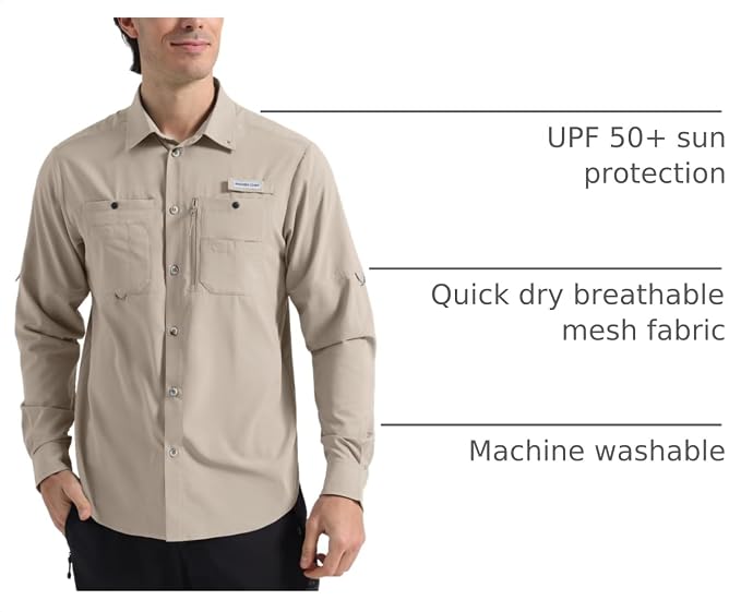 Pioneer Camp Men's Sun Protection Fishing Shirts UPF50+ Long Sleeve UV Quick Dry Cooling Shirts for Travel Camping Hiking