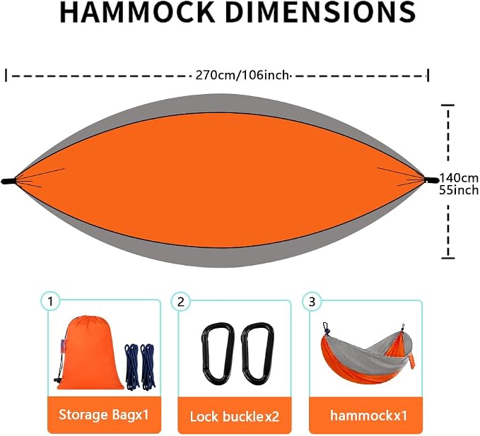 Camping Hammock, Portable Hammocks with Tree Straps & Attached Carry Bag, Travel Tree Hammocks for Outside Indoor Hiking Beach Backpack Travel(Orange, Nylon)