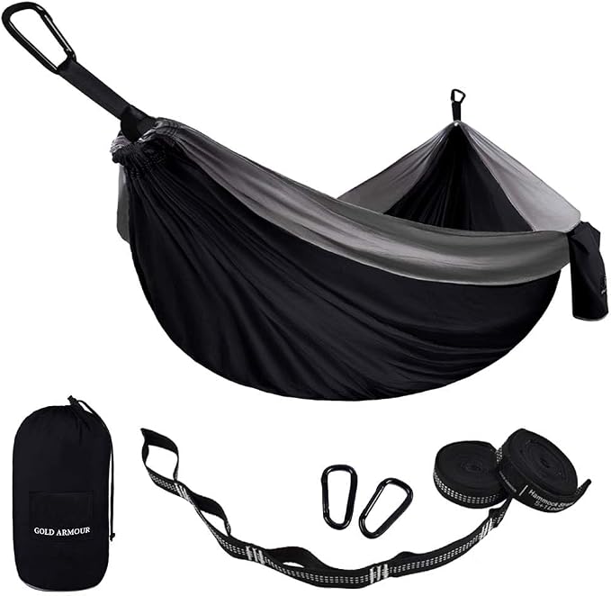 Gold Armour Camping Hammock - Portable Hammock Single Hammock Camping Accessories Gear for Outdoor Indoor Adult Kids, USA Based Brand (Black & Grey)