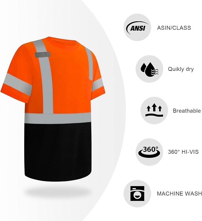 TCCFCCT Hi Vis Shirts for Men Class 3 High Visibility Shirts with Short Sleeves, Reflective Safety Shirts for Men Women, Construction Work Shirts with Black Bottom, Durable & Breathable, DP-Orange XL