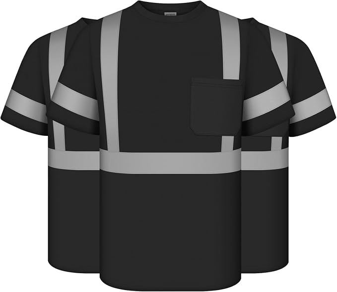 TCCFCCT Construction Shirts Class 2 High Visibility Shirts for Men, Hi Vis Reflective Safety Shirts for Men Women, Work Shirts with Short Sleeves, Durable & Breathable, DC-Black 5XL 3PCS