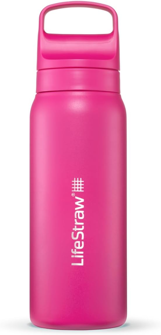 LifeStraw Go Series — Insulated Stainless Steel Water Filter Bottle for Travel and Everyday Use Removes Bacteria, Parasites and Microplastics, Improves Taste, 24 oz, Orchid Pink