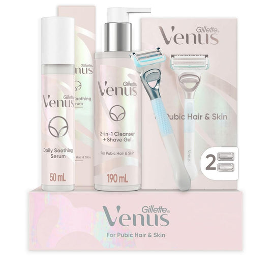 Gillette Venus for Pubic Hair and Skin, 1 Razor Handle + 2 Blade Refills, 2-in-1 Cleanser + Shave Gel and Daily Soothing Serum