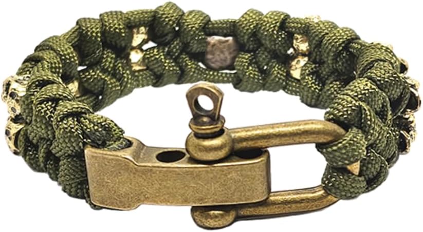 Skull Paracord Bracelet Black Green Paracord Bracelet Adjustable Gothic Design Bracelets with Metal Skull Charms U-Shackle Closure