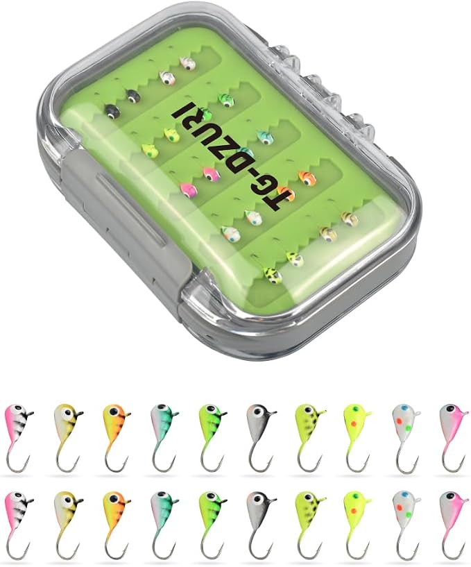 Tungsten Ice Fishing Jigs Kit, 3.2/4/5mm Glow in Dark Tear Drop Ice Fishing Lure Jigs with Waterproof Two-Sided Jig Box Assortment 20/24/30