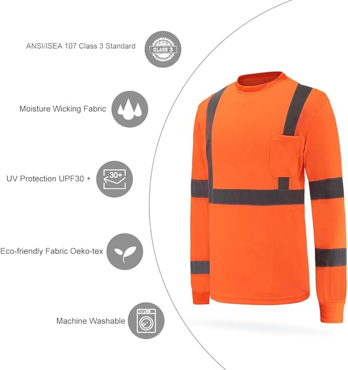 A-SAFETY Safety Shirt,High Visibility Work T Shirt Long Short Sleeve Class 3 (XS-6XL)