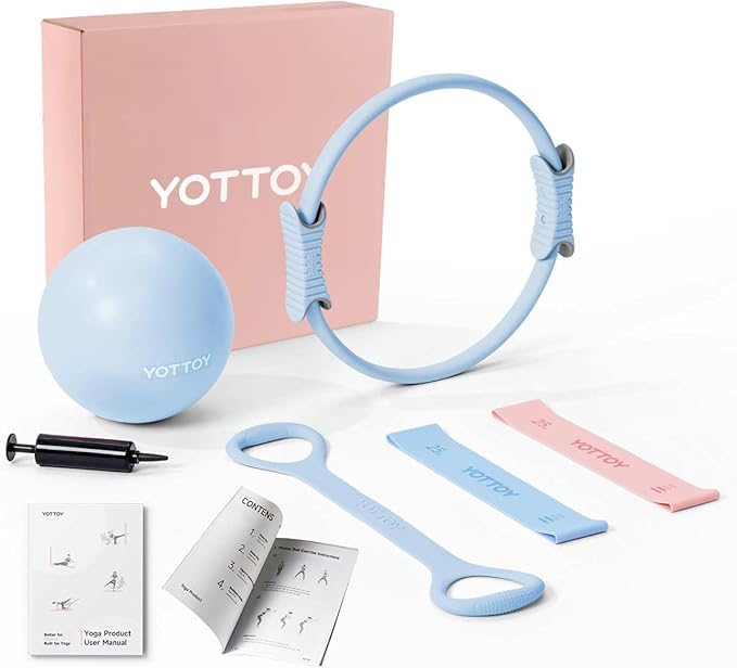 YOTTOY Pilates Ring and Ball Set, Figure 8 Resistance Bands, Stretch Bands&Guide,Pilates Equipment Set for Beginners for Home Workouts Core Strength, Yoga, Physical Therapy & Rehab