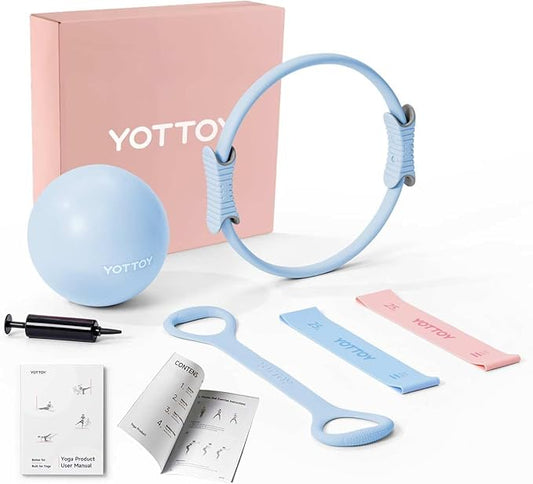 YOTTOY Pilates Ring and Ball Set, Figure 8 Resistance Bands, Stretch Bands&Guide,Pilates Equipment Set for Beginners for Home Workouts Core Strength, Yoga, Physical Therapy & Rehab
