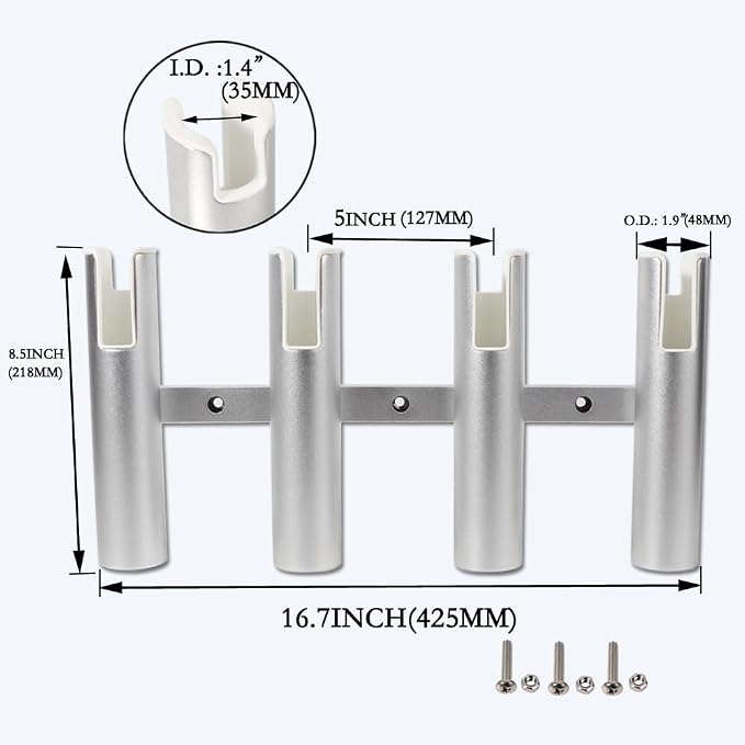2PCS 4-Tube Aluminum Fishing Rod Holder for Boat, Wall-Mounted Fishing Pole Roof Rod Rack, Surf Fishing Rod Holder for Truck, Boats & Yacht