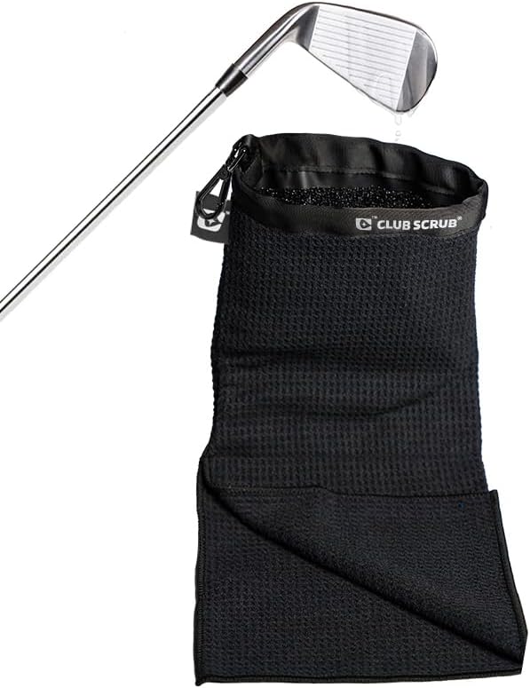 Club Scrub Towel Pro, Golf Club and Ball Cleaning Pouch with Attached Towel, Waterproof Exterior, Waffle-Weave Microfiber (Black)