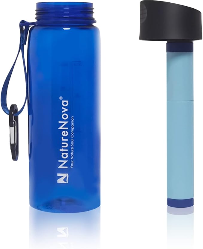 Mini Water Filter NatureNova Portable Emergency Water Filtration(1 Pack,Black) with Naturenova Water Filter Bottle(2 Pack Blue/Black)
