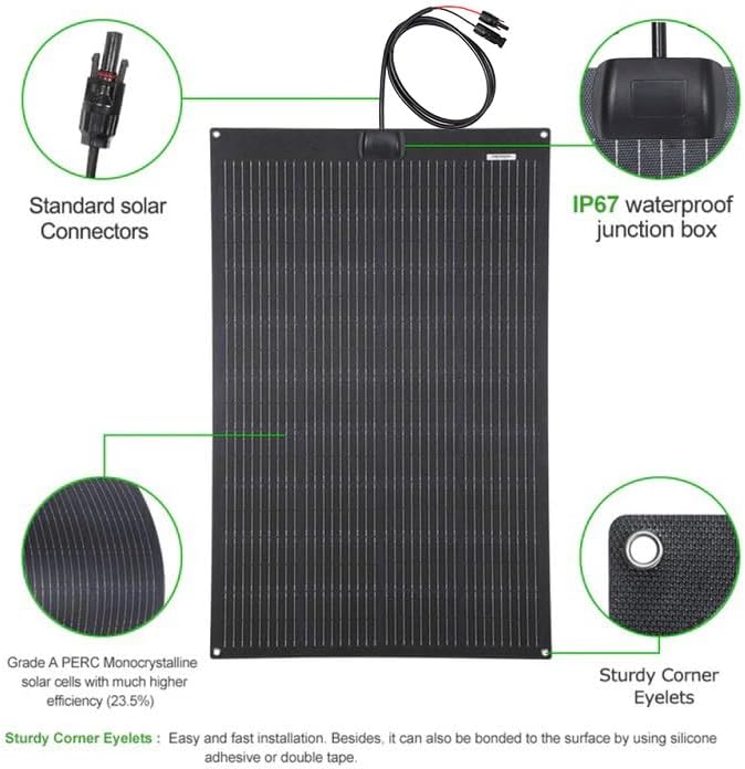 Lensunsolar 150W 12V ETFE Black Flexible Solar Panel, 43.3x28in, PERC 9BB 23.5%+ Efficiency Mono Solar Cells, for Campers, RVs, Boats,Camping, Tent