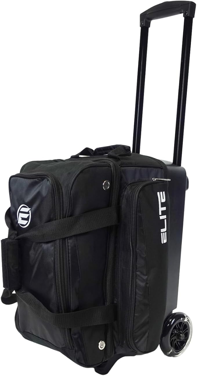 ELITE Deluxe 2 Ball Bowling Bag with 5" Smooth Wheels - Large Accessory Pocket, Shoe Compartment, 36" Extendable Handle