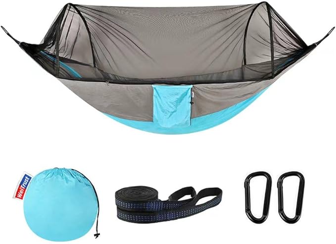 Camping Hammock with Mosquito Net - Double & Single Portable Hammocks with 2 Tree Straps, Lightweight Hammock Tent for Outdoor Camping, Hiking, Backpacking, Beach & Backyard (Blue)