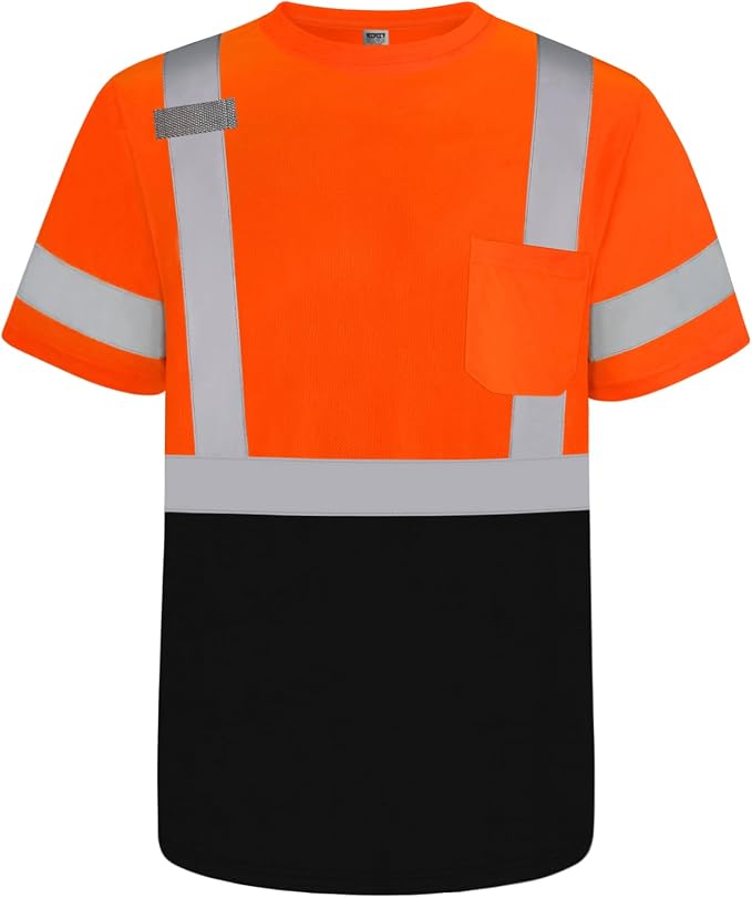 TCCFCCT Hi Vis Shirts for Men Class 3 High Visibility Shirts with Short Sleeves, Reflective Safety Shirts for Men Women, Construction Work Shirts with Black Bottom, Durable & Breathable, DP-Orange 4XL