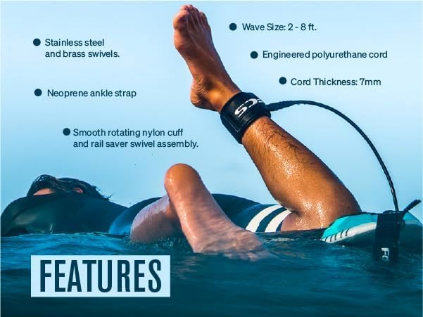 FCS Regular Classic Surfboard Leash – Durable 7mm Cord, Neoprene Strap, Anti-Tangle Swivel – Everyday Surf Leash for 2–8ft Waves