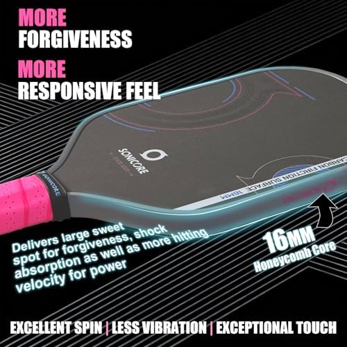SONICORE Pickleball Paddle Set Bundle, T700 Carbon Fiber 16mm Core, 1 Paddle, Cover, Wristbands, Grip Tape, Eraser, 4 Premium Balls | Vibe Pink