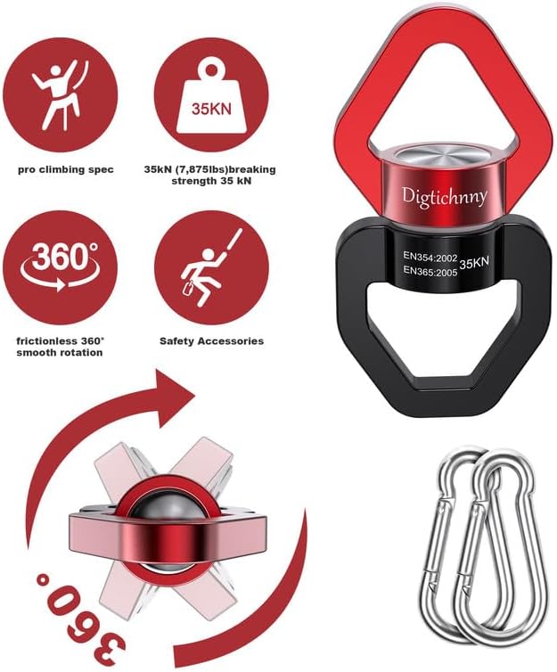 2 Pack Swivel Hook for Swing, 35KN Swing Spinner, Aluminium Alloy Swing Swivel for Children's Swing,Aerial Yoga,Web Tree Swing,Hanging Hammock Indoor Outdoor(Black-Red with 4 Carabiners)