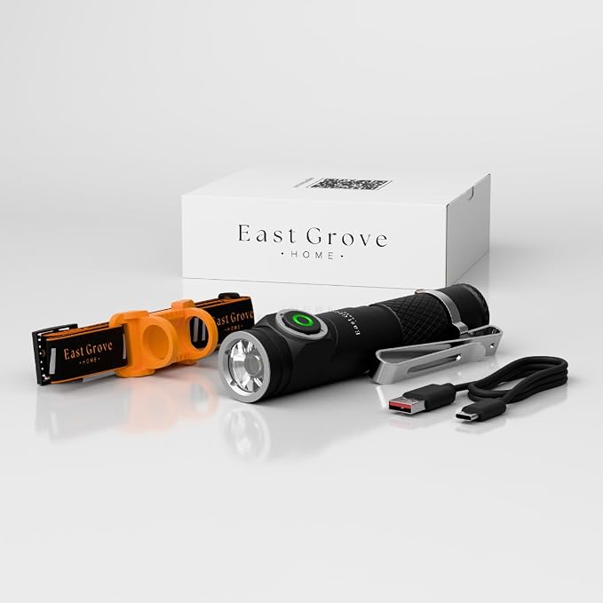 Pocket 3.7in LED USB-C Rechargeable Flashlight 2W 600 Lumens 1,000 MaH 4+ Hours Full Charge with Adjustable Beam, Headlight Strap, and Replaceable Battery