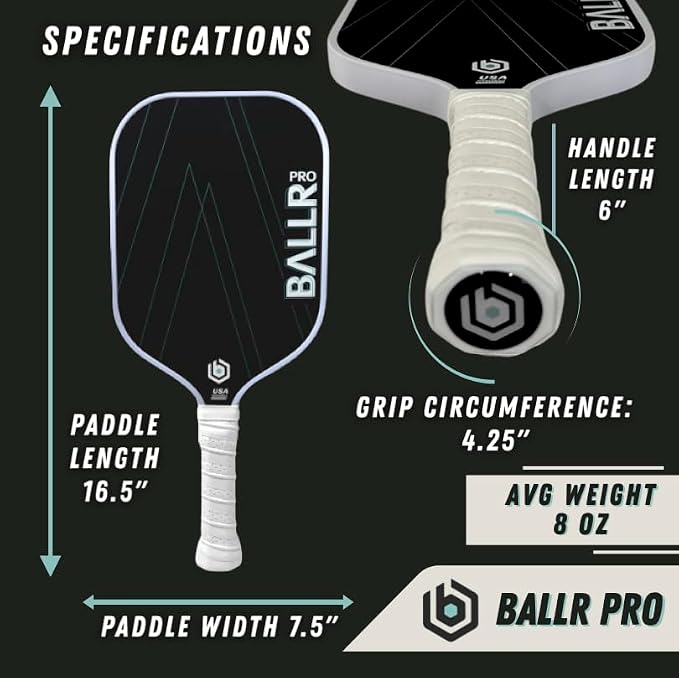 BALLR Pro Pickleball Paddle with T700 Carbon Fiber Surface for Increased Spin and Control - USAPA Approved