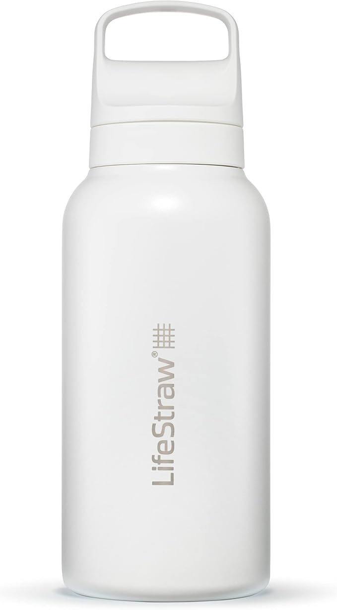 LifeStraw Go Series — Insulated Stainless Steel Water Filter Bottle for Travel and Everyday Use removes Bacteria, Parasites and Microplastics, Improves Taste, 1L, Polar White
