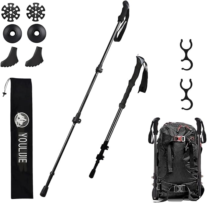 Ultralight 7.6oz 100% Carbon Fiber Trekking Poles, 2-Pack Collapsible Anti-Shock Hiking Poles with Tungsten Carbide Tips & EVA Foam Grip, Compact for Backpacking, Camping, Mountaineering