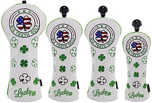 Big Teeth Golf Cover Lucky Clover Headcover Covers, Driver Fairway Wood Hybrid Headcovers Fits Blade Mallet Putter Iron and Woods with Magnetic White Shamrock Head Club Protector Leather