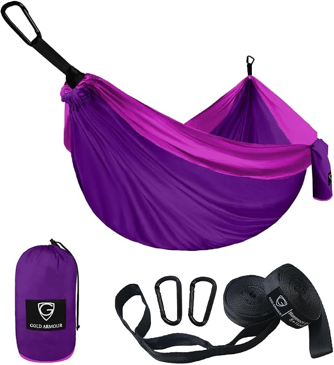 Gold Armour Camping Hammock - Portable Hammock Single Hammock Camping Accessories Gear for Outdoor Indoor Adult Kids, USA Based Brand (Purple and Fuchsia)