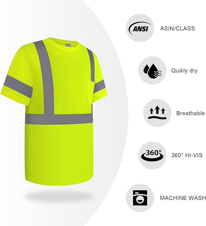 TCCFCCT Hi Vis Shirts for Men Class 2 High Visibility Shirts with Short Sleeves, Reflective Safety Shirts for Men Women, Durable Construction Work Shirts, Breathable, DC-Yellow 4XL 3PCS