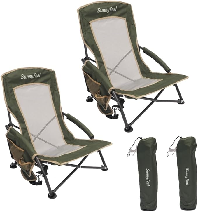 SunnyFeel Low Folding Beach Camping Chair 2 Pack, Portable Backpacking Chairs with Mesh Back,Cup Holder, Compact & Heavy Duty for Adults 300 LBS for Outdoor Picnic Fishing Concert Sand Lawn (2pcGreen)