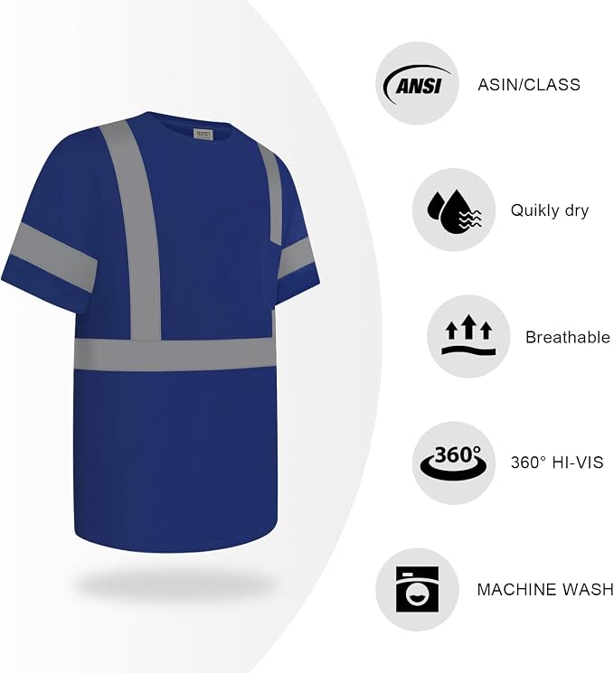 TCCFCCT Hi Vis Class 3 High Visibility Shirt for Men With Pocket, Short Sleeve Construction Work With Reflective Strips, Durable, Breathable, DC-Blue XXL