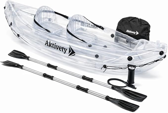 Clear Kayak - Transparent 2-Seater Inflatable Tandem for Two Adults - See-Through Style - Complete Set with Adjustable Seats, Pump, Paddles, Carry Bag & Tracking Fin