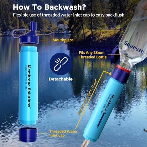 Membrane Solutions 36oz C3 ACF&UF Filtered Water Bottle with 4 Packs Outdoor Water Filter Straw