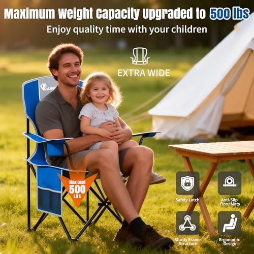 Oversized Camping Chair, 500 LBS High Back Lawn Chairs Folding (Gray Blue) | Outdoor Portable Heavy Duty Folding Camping Chair for Adults, with Cup Holder for Picnic, Lawn, Beach, Fishing and Sports