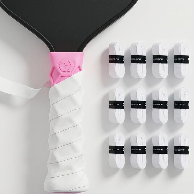 Hesacore Pickleball Bundle – Standard Grip Pink Size XS (5.25”) + Hesatac Overgrip White Tape 12-Pack – Anti-Sweat Control, Enhanced Stability, Reduced Vibration