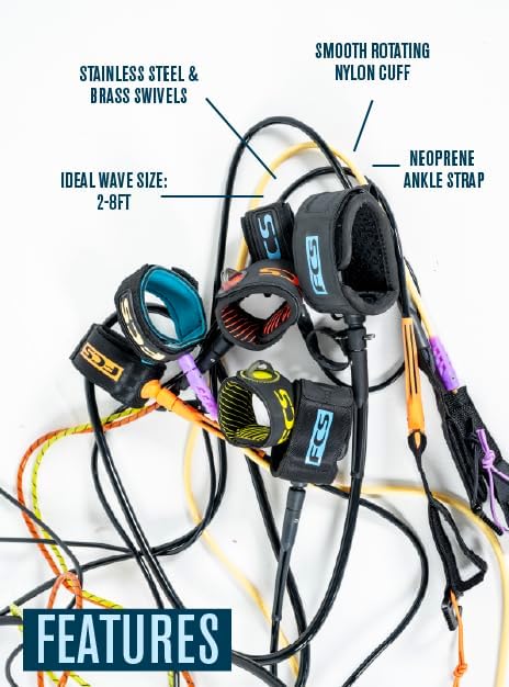FCS Regular Classic Surfboard Leash – Durable 7mm Cord, Neoprene Strap, Anti-Tangle Swivel – Everyday Surf Leash for 2–8ft Waves