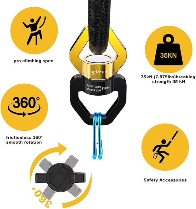 2 Pack Swing Swivel Heavy Duty, Aluminium Alloy 35KN Tree Swing Swivel Spinner for Children's Swing,Aerial Yoga,Web Tree Swing,Hanging Hammock Indoor Outdoor(Black-Gold with 4 Carabiners)
