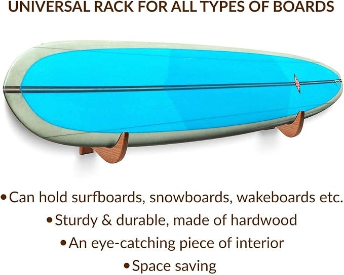 TESLYAR Surfboard Rack Holder Hooks Hard Wood Eco-Friendly Display Natural Finish Snowboard Wakeboard