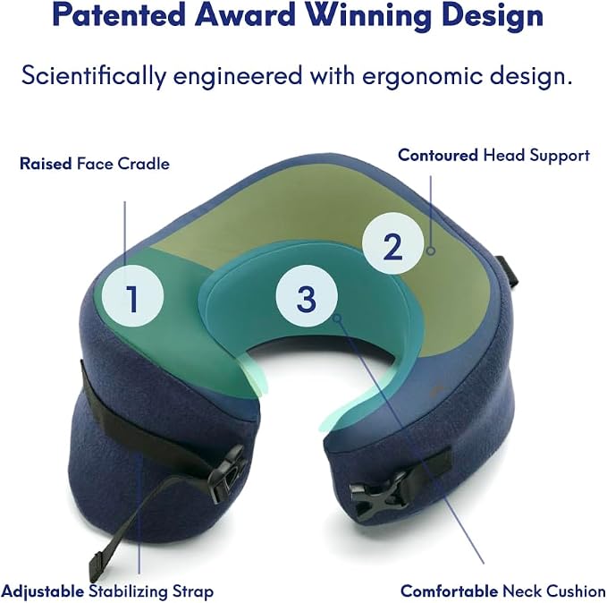 C CUSHION LAB Travel Pillow, Award-Winning Patented Ergonomic Design for Chin & Neck Support Memory Foam Neck Pillow, Compact Airplane Pillow for Traveling, Flight, Car (Navy, Large)