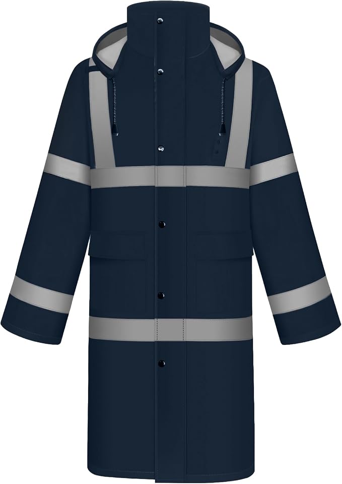 TCCFCCT Rain Jacket Hi Vis Rain Suits Waterproof with Hood, Heavy Duty Long Rain Coats for Work, Safety Rain Gear for Hiking Camping Outdoor Activities, L Navy Blue
