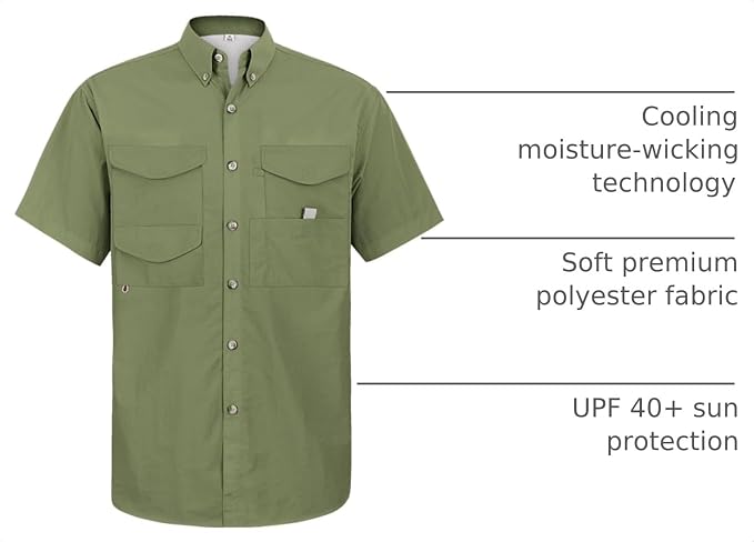 Alimens & Gentle Short Sleeve Fishing Shirt Wicking Fabric Sun Protection Casual Button Down Shirts